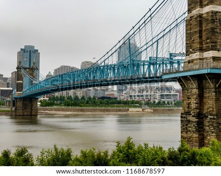 A view of Cinncinati and John A. Roebling Suspension Bridge from Covington, Ohio, USA