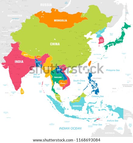 Vector map of East Asia Continent with Countries, Capitals, Main Cities and Seas and islands names in strong brilliant colors palette. Royalty-Free Stock Photo #1168693084