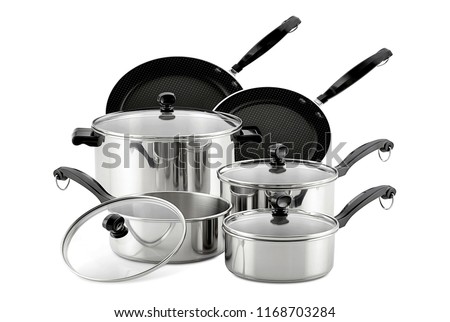 cookware set, steel dinner set isolated on white background, black metal cookware set Royalty-Free Stock Photo #1168703284