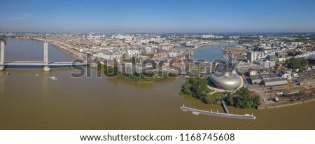 France, Aquitaine, Gironde, 33, Bordeaux Bastide, La Bastide, Pont Jacques Chaban Delmas, Cite du Vin, Aerial View, filmed by drone