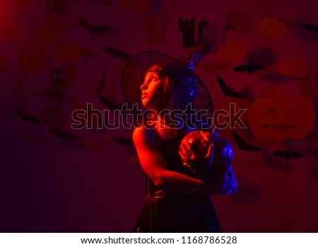 Kid in spooky witches costume holds jack o lantern. Girl with interested face on dark red background with bats and pumpkins decor. Halloween party and decorations concept. Little witch wears black hat