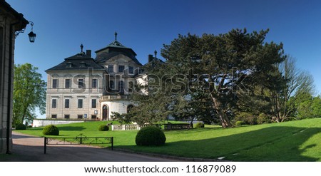 panoramic view of Karlova Koruna castle with park in sunny day