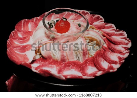 raw pork slice set for barbecue yakiniku or shabu shabu or sukiyaki