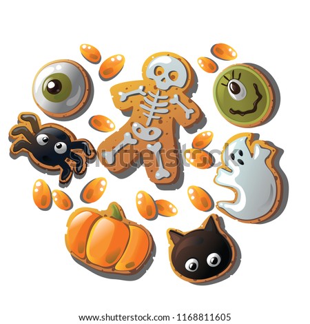 Set of colorful halloween party, Cartoon Cute funny Halloween Cookies in vector