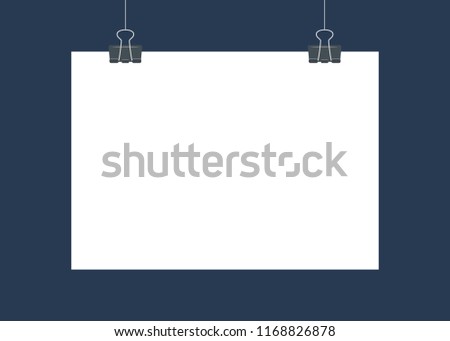 White poster hanging on binder. Empty white vector horizontal poster template. Poster mockup. Template of blank vector poster. Mock up hanging on wall. Frame for paper sheet. A4, A3, A2, A1