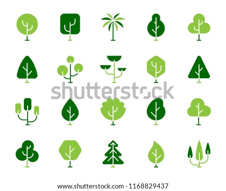 Geometric Trees silhouette icons set. Isolated on white sign kit of graphic plant. Larch Forest pictogram garden, palm, larch forest. Simple geometric trees contour symbol. Vector Icon shape for stamp