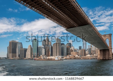 Under Brooklyn Bridge with New York landscape