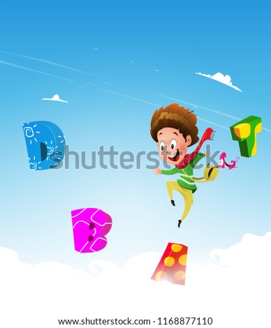 The guy jumps over the letters. The concept of learning the alphabet by a child. Seeker of adventures. Vector