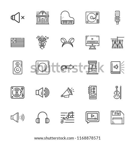 Collection of 25 music outline icons include icons such as video player, piano, speaker, recorder, violin, drum, ears, headphones, turntable, loudspeaker, sound, greece
