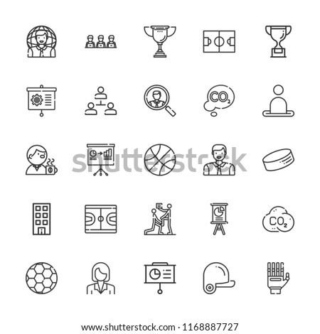 Collection of 25 team outline icons include icons such as meeting, presentation, office, user, baseball, football field, puck, trophy, employees, co, football, basketball