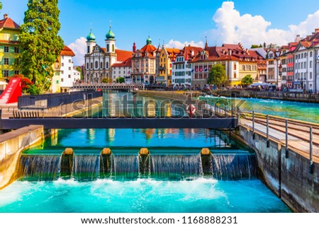 Scenic summer aerial panorama of the Old Town medieval architecture in Lucerne, Switzerland Royalty-Free Stock Photo #1168888231