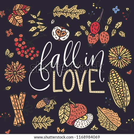 Cozy fall vector illustration. Autumn vector lettering card with handdrawn quotes and cozy doodle fall clip arts. Fall in love detailed card on a black background.