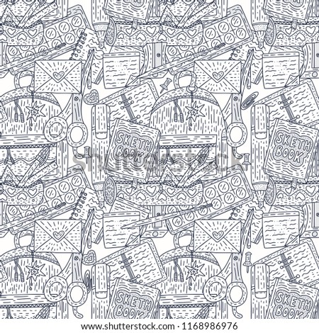 Back to school seamless vector pattern with hand drawn doodle school supplies and stationery. Outliner vector card with drawing supplies - notebook; sharpener, bag, marker; paintbrush, and others.