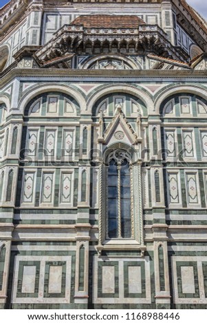Cathedral Santa Maria del Fiore (or Duomo di Firenze), located in Piazza del Duomo, was built between 1296 and 1436. Cathedral is one of largest in world. East facade. Florence, Italy.