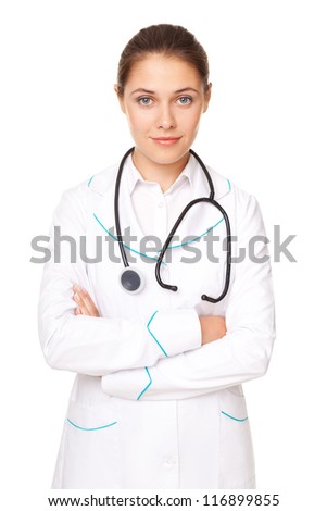 Portrait of young female doctor with arms crossed isolated on white background