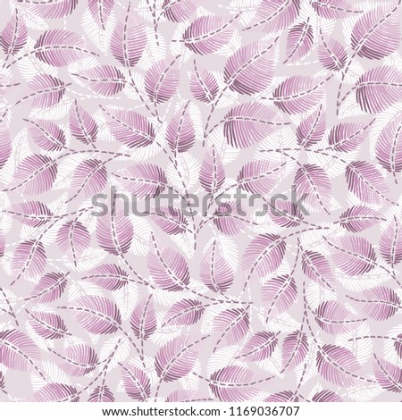 Vintage embroidery floral fabric texture. Simple seamless background with leaves, branches. Embroidery stitches imitation.
