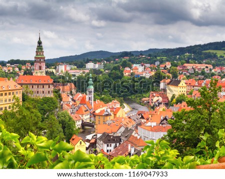 City landscape, panorama - view over the historical part Cesky Krumlov with Vltava river in summer time, Czech Republic