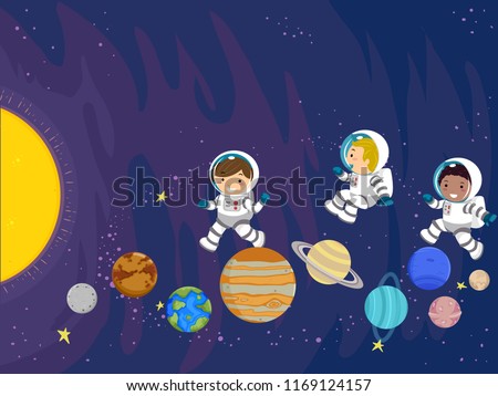 Illustration of Stickman Kids Astronaut Jumping Over Planets Towards the Sun in the Outer Space