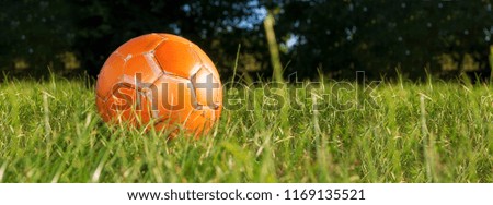Orange soccer ball on green grass. The concept of street football. An old ball with cracks. Healthy lifestyle. Sport. Victory.