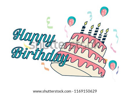 Cute happy birthday  sticker, banner with cake and candles. vector illustration. Isolated on white background.