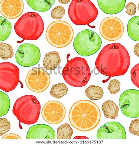 Seamless pattern of fruits, apples, nuts and oranges.
