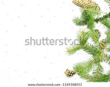 Pine branches or Christmas branches and small yellow flowers isolated on white background with small green, red dots and line pattern