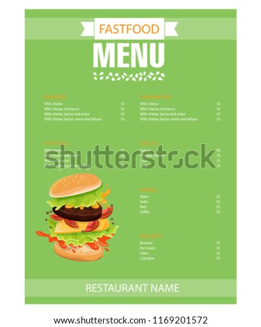 Menu fast food cafe Hamburger, french fries, cola icons background
