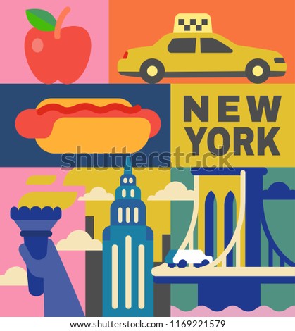 New York culture travel set in flat design. Vector