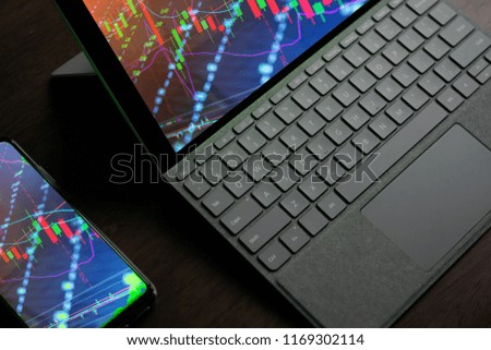 A Computer Tablet and ultra-slim smartphone with candle stick chart on the screen a business and finance conceptual