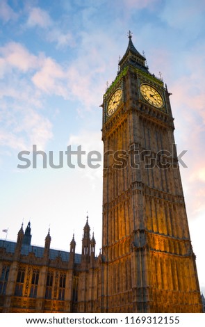 Big Ben Tower at sunset in Westminster, London, England