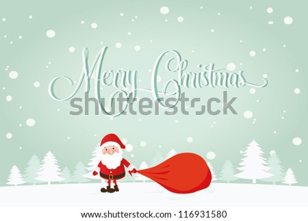 Santa Claus with christmas deer. Vector illustration for retro christmas card. Snow landscape background. vector illustration