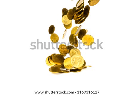 Falling gold coin, flying coin, rain money isolated on white background, business and financial wealth and take profit concept idea.