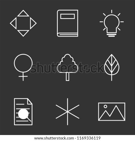 9 simple transparent vector icon pack, set of black icons such as Image, Miscellaneus, Research Work, Tree Leaf, Tree, Female, Idea, Book, Move