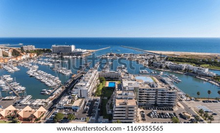 Aerial view of the bay of the marina, with luxury yachts in Vilamoura.