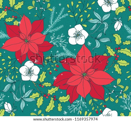Doodled Christmas Poinsettia Floral Seamless Vector Pattern with Holly, Hellebores, Pine, and Berries. Trendy colors and textures.