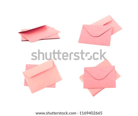 Pile of paper envelopes isolated over the white background, set of four different foreshortenings