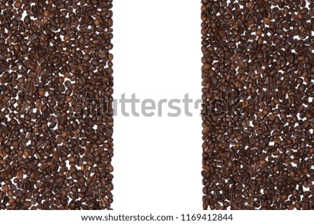 Coffee beans on a blank (white) background, arranged on both left and right side, with copy space. Top view.