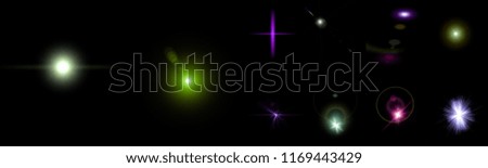 Isolated realistic lens flare visual effect on black night background. Space stars. 