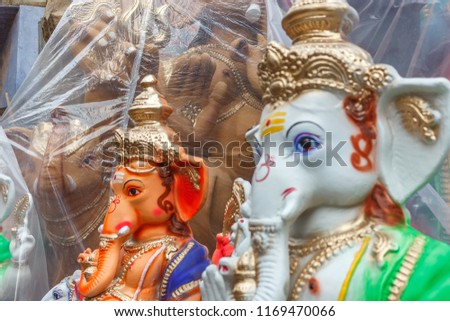 Ganesh Chaturthi,a famous hindu festival in india where big molds of god ganesha made and sold. with selective focus on subject pillaiyar Ganapati Binayak golu Navaratri 1020 chennai india tamil nadu