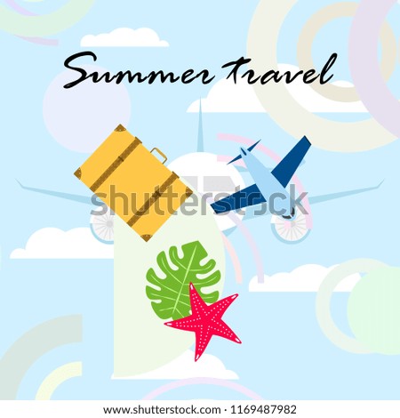 summer travel suitcase aircraft starfish tropical plant vector background