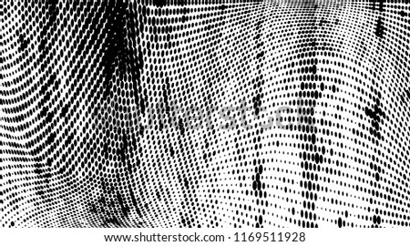 Grunge halftone dots pattern texture background. Modern dotted illustration. Abstract curves. Grungy frame. Geometric spotted pattern. Monochrome wide template for web design, covers, banners
