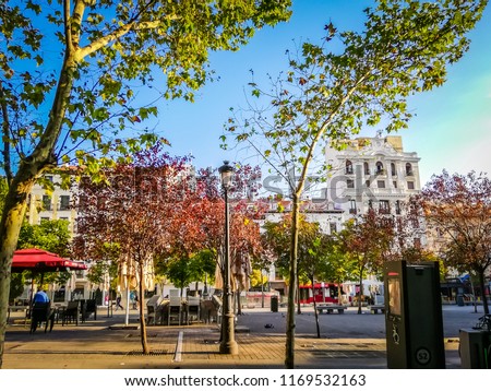 A photo of the famous touristic Plaza Santa Ana square. It is located in the Barrio De Las Letras, also known as the Barrio De Los Literatos o De Las Musas, in downtown Madrid, Spain, Europe.