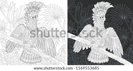 Coloring Page. Coloring Book. Colouring picture with Cockatoo Parrot drawn in zentangle style. Antistress freehand sketch drawing. Vector illustration.