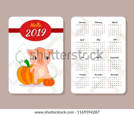 Template of the pocket calendar 2019. Chinese calendar for the year of pig 2019. Cute Pig with Pumpkins
