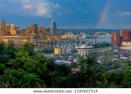 View of golden Cincinnati Ohio skyline from Covington Kentucky in summer with rainbow as rain storm departs during sunset.