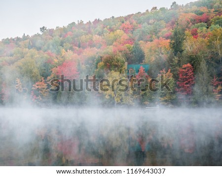 This is a picture of autumn leaves at Mont-Tremblant in the Laurentian plateau in Quebec, Canada. It is a lake on the outskirts of Mont-Tremblant. The morning mist is fantastic.