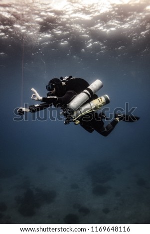 Tec diver ascending from deco stop Royalty-Free Stock Photo #1169648116
