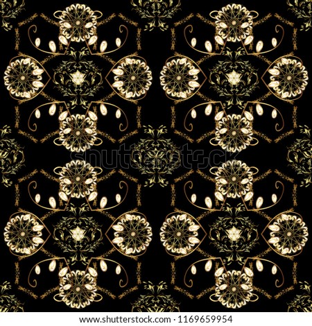 Damask seamless repeating pattern. Gold floral ornament in baroque style. Antique golden repeatable wallpaper. Golden element on black, brown and beige colors.