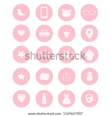 Set of 20 vector icons in pink girly style for scrapbooking, bullet journalling, instagram history buttons Royalty-Free Stock Photo #1169667007