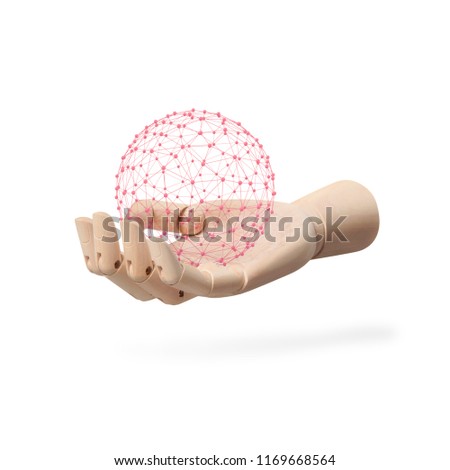 Wooden hand holding a ball